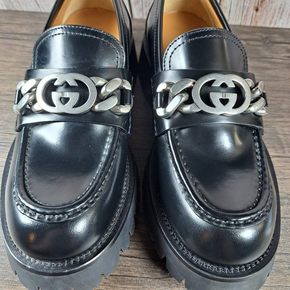 Gucci Jeanne GG Logo Chain Slip On Leather Lug Loafer Women's Sz 8 EU38 Black - Picture 7 of 13